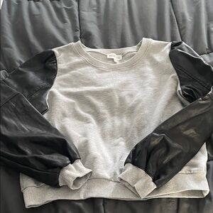 Gray and Black Women's Sweatshirt with vegan leather sleeves